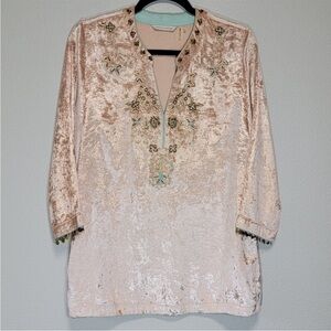 Soft surroundings Moroccan beaded blush pink crushed velvet tunic top 1/2 sleeve